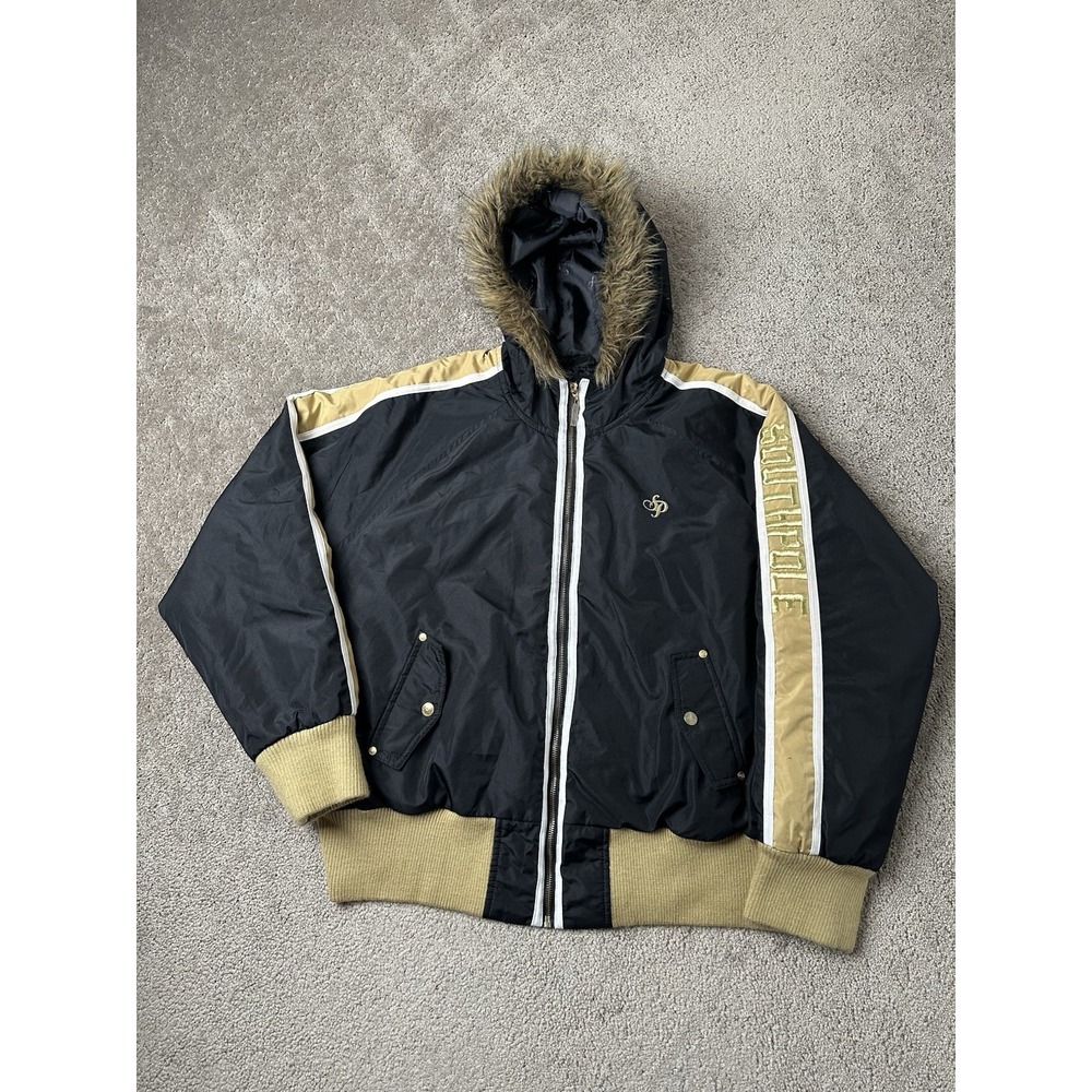 Womens Jacket Southpole Black Gold Hooded Faux Fur Trim Urban Style, Size 3XL‎